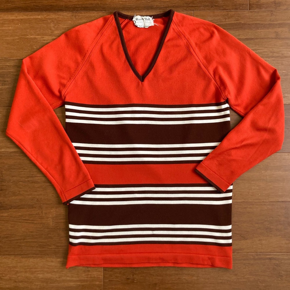 Vintage 70s Orange Brown Striped V‎ Neck Shirt // Size Small
